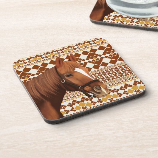 Mooi bruin paard op aards geometrisch patroon bier onderzetter (Linkerzijde)