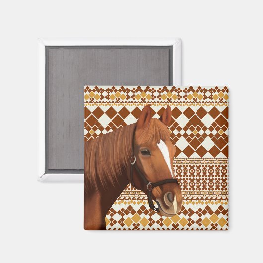 Mooi bruin paard op aards geometrisch patroon magneet (Voorkant / Achterkant)