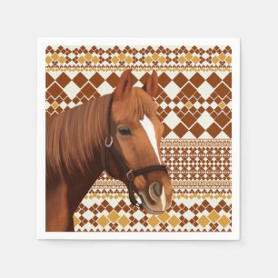 Mooi bruin paard op aards geometrisch patroon servet