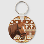 Mooi bruin paard op aards geometrisch patroon sleutelhanger (Voorkant)