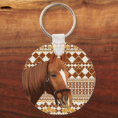 Mooi bruin paard op aards geometrisch patroon sleutelhanger (Voorkant)