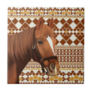 Mooi bruin paard op aards geometrisch patroon tegeltje