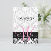Mooi Damast Roze Monogram Trouw RSVP Kaart (Staand voorkant)