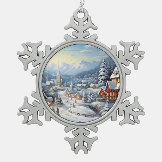 Mooi dorp op een kerstdag tin sneeuwvlok ornament (Voorkant)