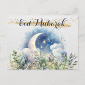 Mooi Eid Mubarak Waterverf Maan Bladergroen Goud Feestdagenkaart (Voorkant)