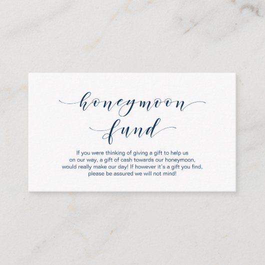 Mooi Elegant, Navy Blue script Honeymoon Fund Informatiekaartje (Voorkant)