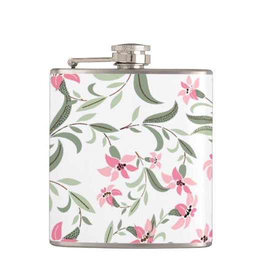 Mooi Elegant Roze Bloemmotief Wit Heupfles (Voorkant)