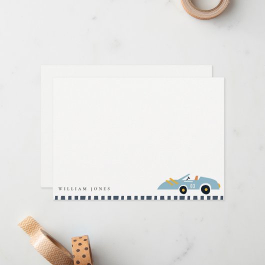 Mooi elegante blauwe raceauto kinderen verjaardag  notitiekaartje (Voorkant / Achterkant in situ)