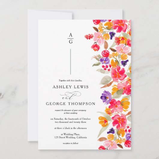 Mooi elegante herfst bloemrijke waterverf foto bru kaart (Voorkant)