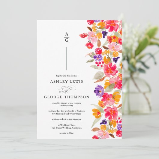 Mooi elegante herfst bloemrijke waterverf foto bru kaart (Staand voorkant)