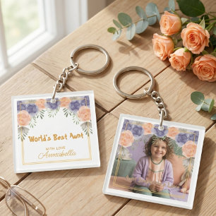 Mooi foto frame met bloemmotief en gouden rand voo sleutelhanger