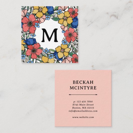 Mooi Geel Blauw Koraal Monogram Vierkante Visitekaartje (Voorkant / Achterkant)