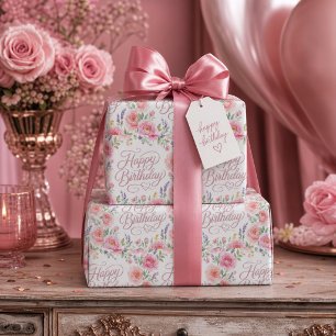 Mooi Gelukkig Verjaardag Zilver Roze Rozen Cadeaupapier