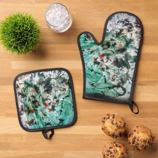 Mooi glad blauw abstract ovenwant & pannenlap set (Top down)