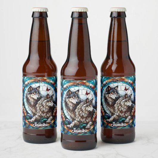 Mooi Glas in lood Look Wolf Pair Bier Etiket (Flessen)