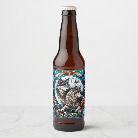 Mooi Glas in lood Look Wolf Pair Bier Etiket (Voorkant)