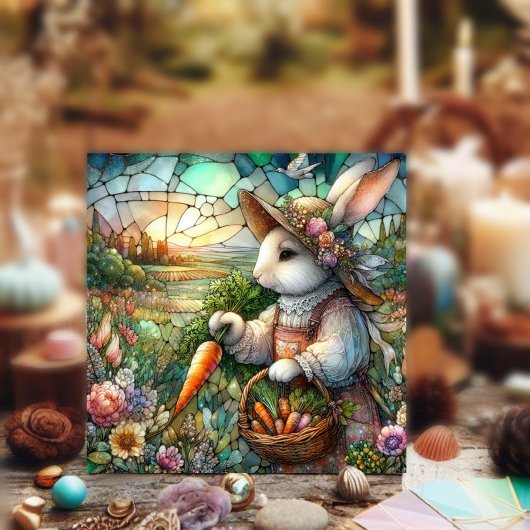 Mooi Glazen in lood konijn met oogstPasen Feestdagenkaart