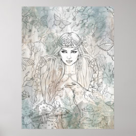 Mooi gotisch meisje met een raaf met de hand getek poster