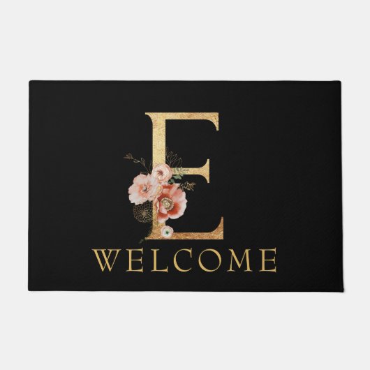Mooi Goud Monogram E met POPPY Bloemen Deurmat (Voorkant)