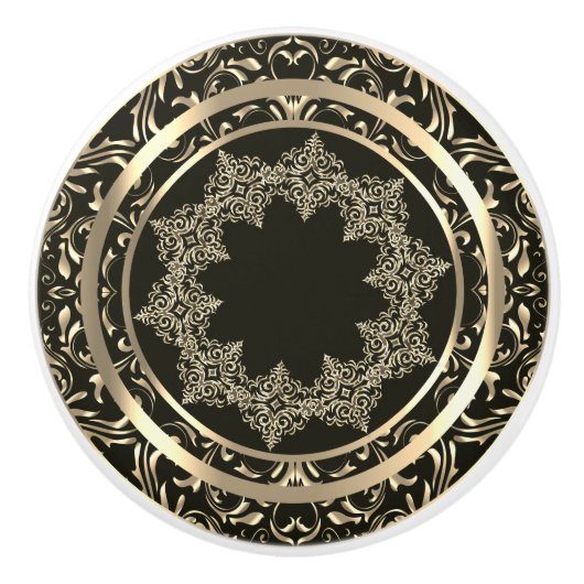 Mooi Goud Ontwerp op Zwart Keramische Knop (Voorkant)