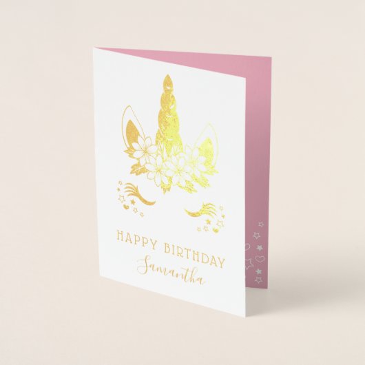 Mooi Gouden Bloem Eenhoorn Gelukkige Verjaardag Folie Kaarten (Voorkant)