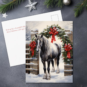 Mooi grijs paard met winter Garland kerst Feestdagenkaart