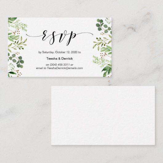 Mooi groen, zwart script, bruiloft RSVP Informatiekaartje (Voorkant / Achterkant)