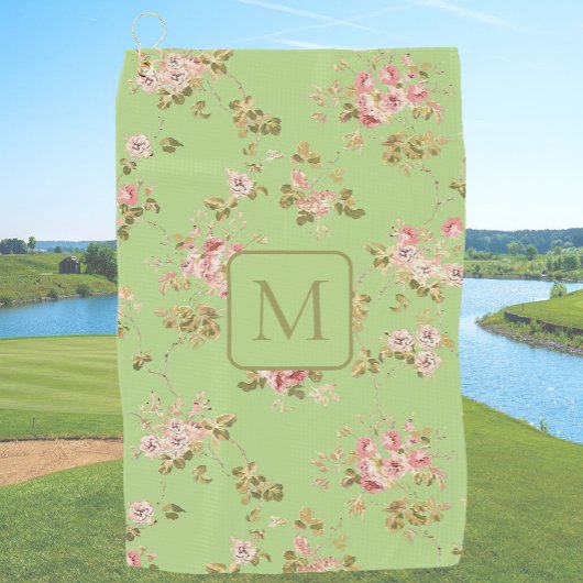 Mooi groene bloemige damesmonogram golfhanddoek