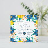 Mooi helder blauw geel bloemig romantisch huwelijk kaart (Staand voorkant)