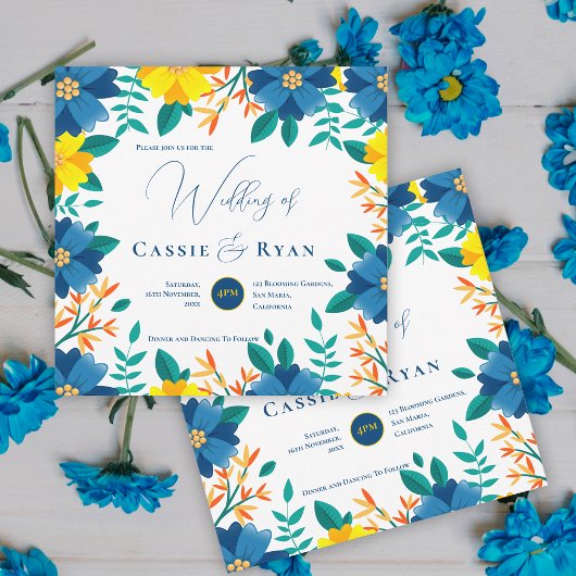 Mooi helder blauw geel bloemig romantisch huwelijk kaart