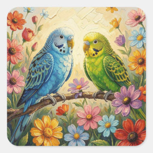 Mooi Impasto Blauwe en Groene Parkieten   Vierkante Sticker