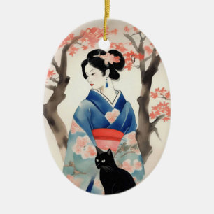 Mooi Japans Meisje met een Zwarte Kat Keramisch Ornament