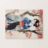 Mooi Japans Meisje met een Zwarte Kat Legpuzzel (Horizontaal)