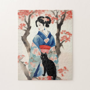 Mooi Japans Meisje met een Zwarte Kat Legpuzzel