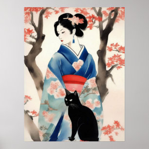 Mooi Japans Meisje met een Zwarte Kat Poster