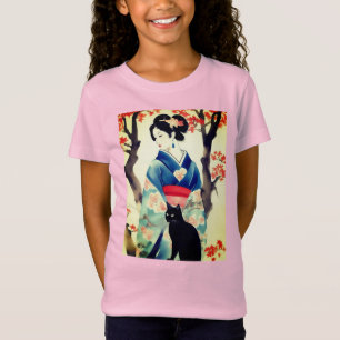 Mooi Japans Meisje met een Zwarte Kat T-shirt