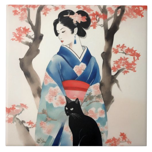 Mooi Japans Meisje met een Zwarte Kat Tegeltje (Voorkant)