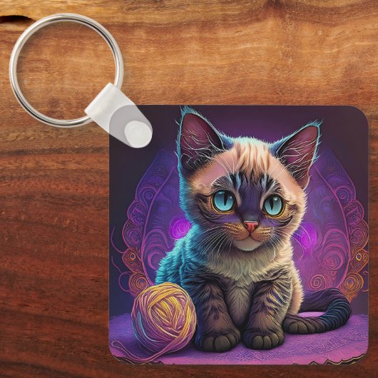 Mooi jong Kat met garenbal Sleutelhanger (Voorkant)