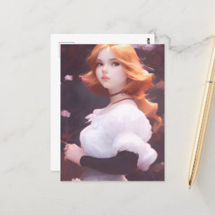 Mooi jong meisje van roze bloemen portret briefkaart