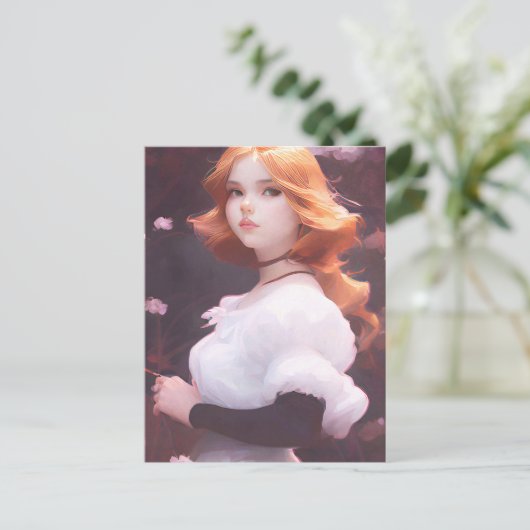 Mooi jong meisje van roze bloemen portret briefkaart (Staand voorkant)