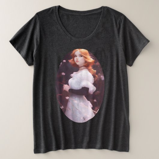 Mooi jong meisje van roze bloemen portret grote maat t-shirt (Design voorkant)