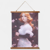 Mooi jong meisje van roze bloemen portret hangend wandkleed (Voorkant)