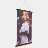 Mooi jong meisje van roze bloemen portret hangend wandkleed (Gebogen)