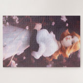 Mooi jong meisje van roze bloemen portret legpuzzel (Horizontaal)