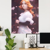 Mooi jong meisje van roze bloemen portret poster (Thuiskantoor)
