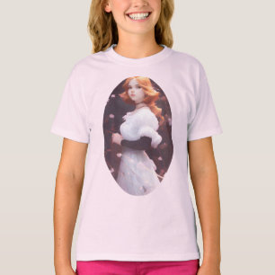 Mooi jong meisje van roze bloemen portret t-shirt