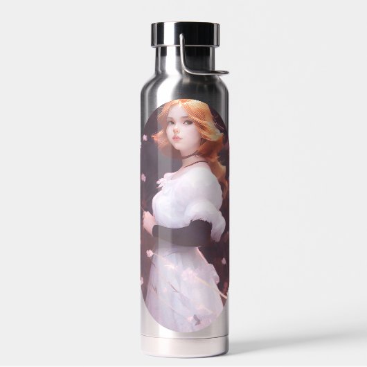 Mooi jong meisje van roze bloemen portret waterfles (Links)