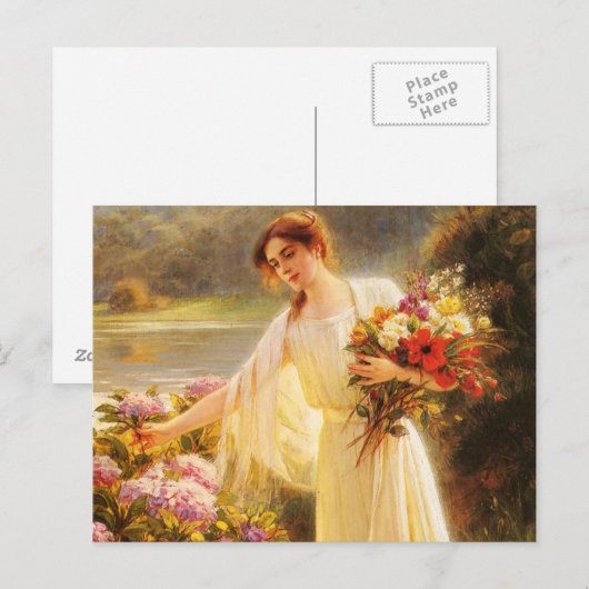 Mooi, jongedame, bloemen, door Albert Lynch, Belle Briefkaart (Voorkant / Achterkant)