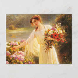 Mooi, jongedame, bloemen, door Albert Lynch, Belle Briefkaart