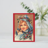 Mooi kerstfeest, klein meisje en kat briefkaart (Staand voorkant)